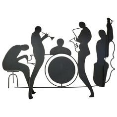 the silhouettes of people are playing instruments in front of a drummer and bandleader