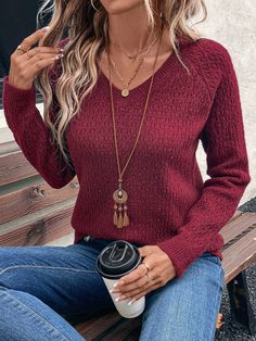 Women's Solid V-Neck Long Sleeve Minimalist Sweater, Casual Wear Burgundy Casual  Long Sleeve Knitwear Plain Pullovers Slight Stretch  Women Clothing, size features are:Bust: ,Length: ,Sleeve Length: Minimalist Sweater, Girls Snow Boots, Kids Snow Boots, Crochet Clothing, Women Diy, Weekend Style, High Fashion Street Style, Kids Boots, Long Sleeve Casual