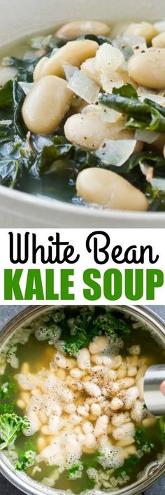 white bean kale soup in a bowl with broccoli