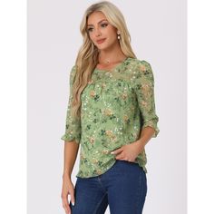 Whether you're in the office or out on the town, this ruffle collar floral print top is perfect for any occasion. It looks comfortable and it is made of very nice flowy breathable material with a pretty floral design. It looks fresh and great for early fall. The style of the blouse gives a very fresh and youthful look without excluding an older audience. Beautiful boho design, very neutral color, could match with Jeans for a very tailored casual look, great for spring and summer. Floral Print 3/4 Sleeve Work Blouse, Floral Print 3/4 Sleeve Workwear Blouse, Feminine Blouse With 3/4 Sleeve Floral Print, Feminine 3/4 Sleeve Blouse With Floral Print, Floral Print Workwear Blouse With 3/4 Sleeves, Feminine Floral Print Tops With 3/4 Sleeve, Floral Print 3/4 Sleeve Tops For Work, Floral Print 3/4 Sleeve Workwear Top, Floral Print Chiffon Blouse