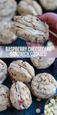 a person is holding up some cookies with white chocolate chips