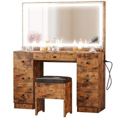 PRICES MAY VARY. 7-Drawers Vanity Table - With 7 Drawers, our vanities have ample storage for your makeup and hair tools. Hide your cosmetics and jewelry until the next time you need to use them in plenty of drawers and shelving options. Vanity Table with Charging Station: This makeup vanity features a charging station, includes 2 standard plug sockets and 2 USB ports, which can be more convenient to connect your hair dryer, and curling iron, and it can also charge your phone, tablet or other mo Bedroom Vanity Table, Dressing Table With Drawers, Drawers Bedroom, Small Vanity, Makeup Table Vanity, Make Up Desk Vanity, Lighted Mirror, Vanity Set With Mirror, Storage Stool