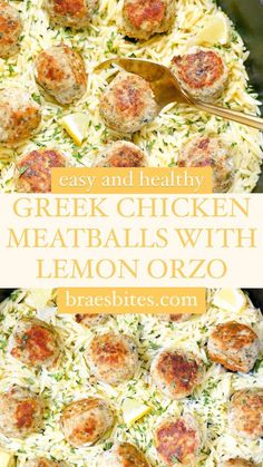 a skillet filled with meatballs and lemon orzo