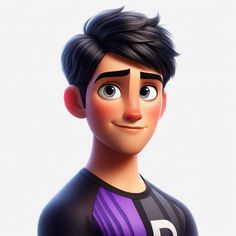 an animated character with black hair and blue eyes, wearing a purple t - shirt