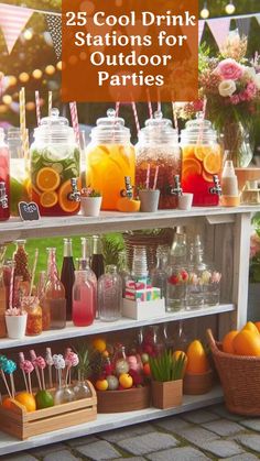 an outdoor party with drinks and fruit on the shelves, including lemons, oranges,