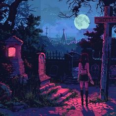 a woman standing in front of a cemetery at night with the moon shining over her