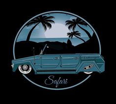 an old car with palm trees and the word safari on it's side, in front of a black background