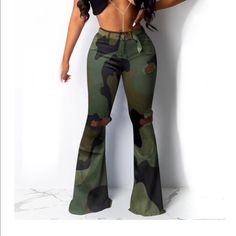 Molisry Camouflage Pants Nwot High Waisted Flared Holes Raw Hem, Frayed Skinny Leg With Stretch Polyester Sz S And M Rise 12” Flare At Widest Point 13” See Pic For All Other Measurements Fitted Camouflage Cargo Pants, Camouflage Long Bottoms For Fall, Full Length Camouflage Bottoms For Fall, Green Military Style Bottoms For Fall, Green Military Bottoms For Fall, Camouflage Long Pants For Fall, Green Military Style Pants For Fall, Green Military Pants For Fall, Fitted Camouflage Military Pants