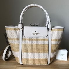 100% Authentic Kate Spade K7329 Straw Medium Tote Parchment And Gold Hardware **Brand New With Tags** 13”L Top, 8.5”L Bottom X 8.5”H X 5”D Handles With 5.5” Drop Adjustable Strap For Crossbody Wear Luxury White Bags For Vacation, Luxury White Beach Bag, Luxury White Beach Bags, Designer Kate Spade White Bag, Designer White Kate Spade Bag, Luxury White Woven Bags, Kate Spade Purse, Medium Tote, Kate Spade Bag