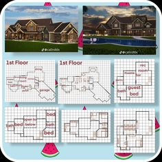 the floor plans for this house are shown in four different styles, including one with watermelon