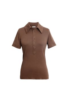 Model Tamzin Wears size XS (5’6” tall, 25” inch waist, 32b” chest, Hips - 36”) The Gato Polo shirt is a slim fit merino wool top with a pointed collar and partial button placket. This product is made with Merino Wool. The merino is all traceable, non mulesed and RWS certified. All of the polyester used in this yarn is recycled. A luxury wool with inherent performance enhancing qualities: Thermal-regulating, moisture wicking, antimicrobial, water repellant and soft yet durable. - Polo collar- Sho Classic Brown Polo Shirt, Classic Brown Polo Shirt With Collared Neckline, Merino Wool Polo Shirt For Work, Classic Merino Wool Polo Shirt For Work, Fall Polo Collar Top With Button Closure, Wool Collared Polo Shirt For Fall, Wool Collared Polo Shirt For Work, Collared Wool Top With Buttons, Wool Collared Tops For Business Casual