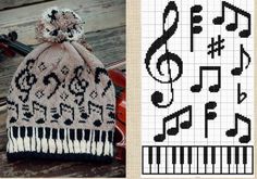 a knitted beanie with musical notes and trebles on it, next to a crochet pattern