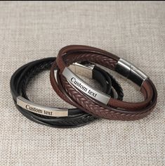 layered leather bracelet for men in brown or black leather. Engrave it with names or a short message. Why men like it? Stylish and layered look that is worn casually. Layered bracelet but with one buckle for easy on and off. Best of all, that it's made just for him. Classic Engraved Brown Leather Bracelet, Classic Brown Engraved Leather Bracelet, Brown Leather Bracelet With Engraving Option, Everyday Engraved Brown Leather Bracelet, Everyday Brown Engraved Leather Bracelet, Personalized Brown Leather Bracelets, Leather Mens Bracelet, Best Gifts For Grandparents, Leather Bracelets For Men