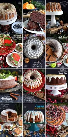 many different types of cakes and desserts are shown in this collage with words above them