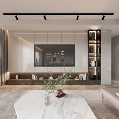 a modern living room with marble coffee table