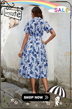 Elegant Women Summer Dress New Slim Vintage Lapel High Waist Midi Dress Casual Blue and White Printed Short Sleeve Dress Casual Collared Dresses For Garden Party, Light Blue Casual Midi Dress For Garden Party, Collared Dresses With Pockets For Vacation, Light Blue Collared Dress For Day Out, Casual Blue Collared Dress, Blue Floral Print Midi Dress For Work, Blue Floral Midi Dress For Work, Summer Blue Collared Dresses, Blue Short Sleeve Dresses With Buttons