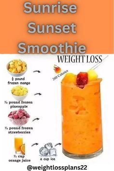 Sunrise Sunset Smoothie, Sunset Smoothie, Strawberry Pineapple Smoothie, Tropical Fruit Smoothie, Orange Juice Smoothie, Orange Smoothie Recipes, Tropical Smoothie Recipes, Pineapple Smoothie Recipes