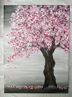 a painting of a tree with pink flowers on it