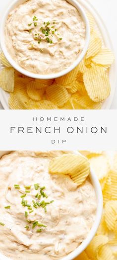 homemade french onion dip with chips on the side