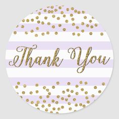 a thank sticker with gold glitter confetti on purple and white striped background