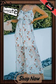 Floral Print Spaghetti Strap Ruffled Wide Leg Jumpsuit Summer Ruffle Jumpsuits And Rompers, Summer Ruffled One-piece Jumpsuits And Rompers, Summer One-piece Jumpsuits And Rompers With Ruffles, Summer Ruffles One-piece Jumpsuits And Rompers, Spring Beach Jumpsuits And Rompers With Ruffles, Spring Jumpsuits And Rompers With Ruffled Straps, Summer Brunch Jumpsuit With Ruffles, Summer Ruffled Jumpsuits And Rompers For Brunch, Summer Ruffles Jumpsuits And Rompers For Brunch