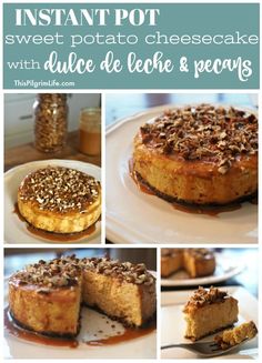 a collage of photos showing different types of cheesecakes and pies with pecans on top