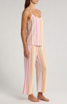 Supersoft modal means instant relaxation in sorbet-hued striped pajamas featuring a cami with ladder-stitch insets and cropped pants with a rope drawstring. 16 1/2" top center front length; 29 1/2" inseam; 21" leg opening; 12" front rise; 15" back rise (size Medium) Camisole has V-neck; adjustable straps Pants have elastic/drawstring waist 100% modal Machine wash, tumble dry Imported Striped Sleepwear For Spring Sleepover, Striped Sleepwear For Summer Sleepover, Casual Lounging Sleepwear With Spaghetti Straps, Casual Sleepwear With Spaghetti Straps For Lounging, Casual Sleepwear With Spaghetti Straps, Striped Relaxed Fit Sleepwear For Sleepover, Striped Sleepwear For Summer Loungewear, Striped Sleepwear For Vacation, Spring Vacation Sleepwear Long Pants