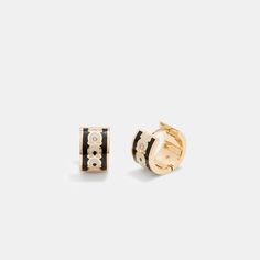 Crafted of polished smooth enamel these colorblock hoop earrings feature our Signature for a heritage touch. The modern design hugs the earlobe. | Coach Signature Enamel Hoop Earrings - Women's - Gold/black Signature For A, H Style, Women Accessories Jewelry, Gold Black, Womens Watches, The Modern, Chalk, Women's Earrings, Color Blocking