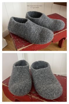 two pictures of gray slippers sitting on top of a red bench