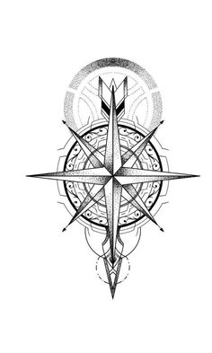 a black and white drawing of a compass