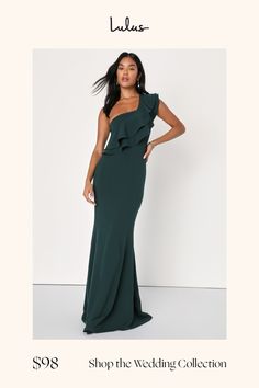 A chic-meets-elegant look is easy to achieve in the Lulus Grand Beauty Emerald Ruffled One-Shoulder Mermaid Maxi Dress! Stretchy, medium-weight crepe knit shapes this stylish gown with a tiered, ruffled one-shoulder sleeve that creates an asymmetrical neckline then carries into the darted bodice. High, fitted waist flows into a figure-flaunting maxi skirt finished with a flaring, mermaid hem. Hidden side zipper/clasp. Fit: This garment fits true to size. Length: Floor length. Size medium measures 62.5" from shoulder to hem. Bust: Great for any cup size. Waist: Fitted - very fitted at natural waist. Hip: Fitted - stretchy fabric allows room for hips. Undergarments: May be worn with a strapless bra, adhesive bra, petals, or no bra. Fabric: Fabric has some stretch. Extra-long hem length allow Elegant Green Mermaid Bridesmaid Dress, Chic Fitted Mermaid Dress, Elegant Green Bridesmaid Mermaid Dress, Chic Mermaid Dress For Night Out, Chic Fishtail Prom Dress, Elegant Green Mermaid Maxi Dress, Elegant Bridesmaid Maxi Dress With Mermaid Hem, Chic Mermaid Hem Maxi Dress For Prom, Chic Mermaid Dress For Prom Season