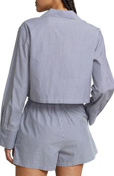 Supersoft cotton poplin mixes with the boxy fit on this pair of short PJs you'll want to spend the entire weekend in. Top has notched collar; long sleeves with button cuffs 100% cotton Machine wash, tumble dry Imported Short Length Cotton Tops For Daywear, Cotton Tops For Daywear In Short Length, Cotton Tops For Daywear, Short Length, Short Pjs, Short Pajamas, Cropped Polo, Wide Stripes, Pajama Shorts, Cotton Poplin