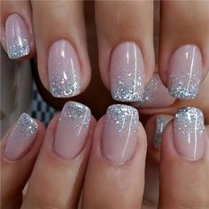 Enhance Your Nails With Our 24-Piece Set Of Natural Pink French Art Nails, Featuring Silver Glitter Tips For A Touch Of Sparkle. These Short Square Press-On Nails Are Perfect For Any Occasion, Including Weddings And Parties. Each Set Comes With A Jelly Sticker And A Nail File For Easy Application And A Flawless Finish. **Key Benefits:** - Elegant Pink With Silver Glitter Tips: Offers A Sophisticated, Shimmering Look. - Short Square Shape: Provides A Modern, Stylish Appearance That's Perfect For Light Colored Nails, Colored Nail Tips, Glitter Tip Nails, Nagel Design, Glitter Gradient, Valentine Nails, Gradient Nails, Get Nails, Dipped Nails