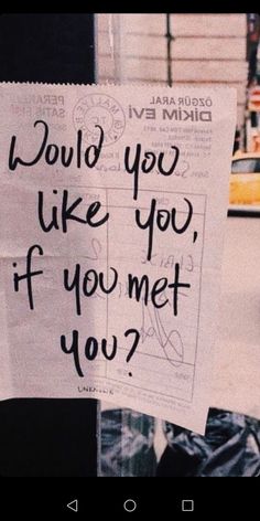 someone holding up a sign that says would you like you if you met you?