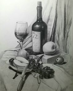 a still life drawing of wine, cheese and fruit on a cloth with a bottle of wine