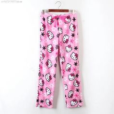 Cute Cotton Pants With Elastic Waistband, Kawaii Cotton Bottoms For Pajama Party, Cute Hello Kitty Print Pants For Pajama Party, Cute Pants With Hello Kitty Print For Pajama Party, Cute Hello Kitty Print Bottoms For Pajama Party, Pink Cotton Sweatpants For Pajama Party, Cotton Sweatpants With Elastic Waistband For Sleepover, Cute Cotton Lounging Pants, Cute Loungewear Pants With Elastic Waistband