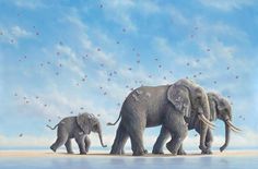 three elephants are walking along the beach with birds flying overhead