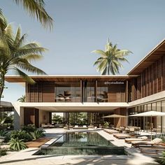 an artist's rendering of a modern house with pool and palm trees in the background