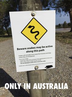 a sign on a pole that says beware snakes may be active along this path