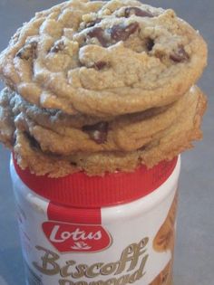 a stack of chocolate chip cookies in a jar