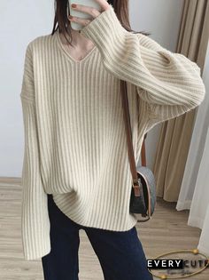 Casual Long Sleeves Loose Solid Color V-Neck Sweater Tops Couple Jacket, Loose Pullover Sweater, Winter Typ, Oversized Sweater Women, Sweater Tops, Thick Sweaters, Argyle Sweater, Boho Stil, Green Sweater