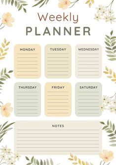 a printable weekly planner with flowers and leaves on the side, in pastel colors