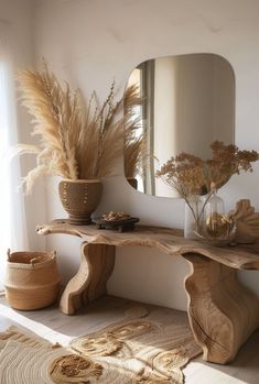 a mirror and some plants in a room