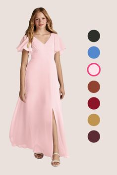 a woman in a long pink dress with different color options for the bridesmaid