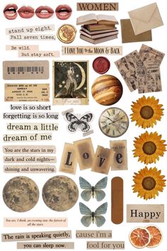 a collage of different things with words and pictures on them, including sunflowers