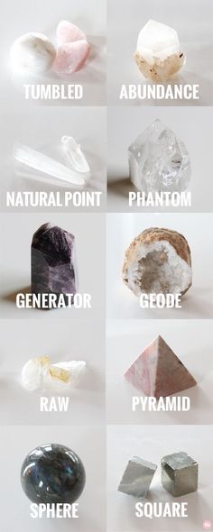 Did you know that the varying shapes of crystals actually have different characteristics? Along with the properties a stone has, its shape and formation brings additional benefits. You may have been drawn to a beautiful celestite cluster you saw in a display window, or a tiny satchel full of pyrite cubes, and there could very well be a reason for this. Sometimes our bodies crave the shape of a stone just as much as the properties it holds. Shapes Of Crystals, Tumbled Crystals, Crystal Formations, Crystal Magic, Crystal Shapes, Les Chakras, Crystal Meanings