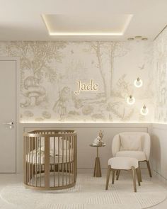 a baby's room with a chair, crib and wallpaper