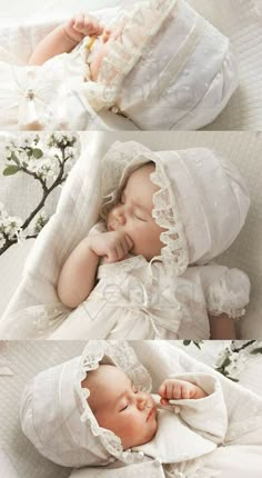 two baby dolls laying on top of each other in white dresses and bonnets,