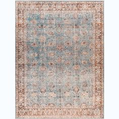 an antique rug with blue, brown and beige colors on the bottom half of it