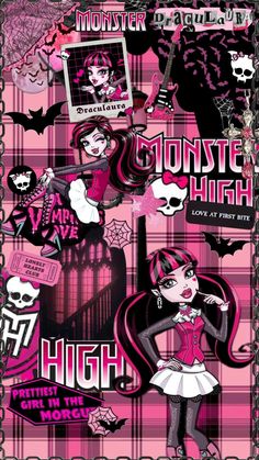 the monster high poster is shown in pink and black